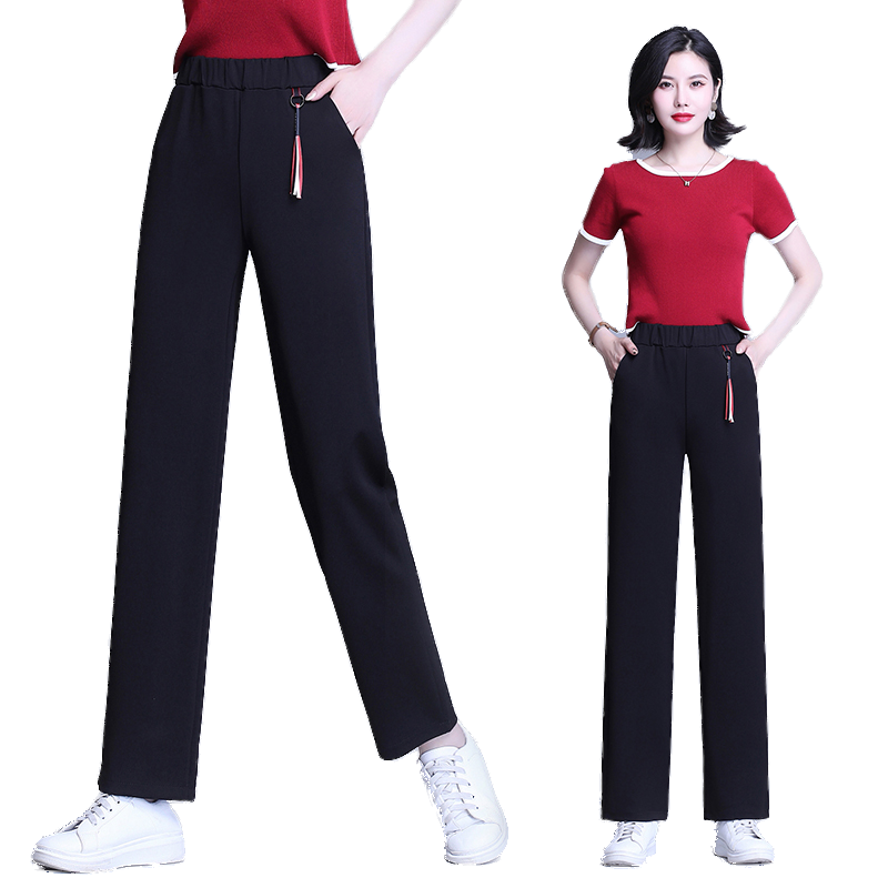 春秋季高腰弹力宽松休闲黑色直筒裤 玛依恋休闲裤