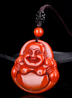 南红玛瑙观音吊坠笑佛挂坠天然柿子红川料火焰纹项链坠情侣民族风