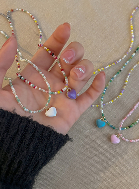 彩色爱心甜酷串珠项链女网红爆款