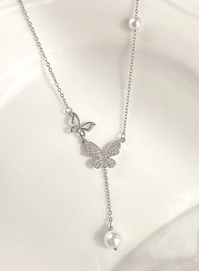 银色蝴蝶项链女小众颈链流苏