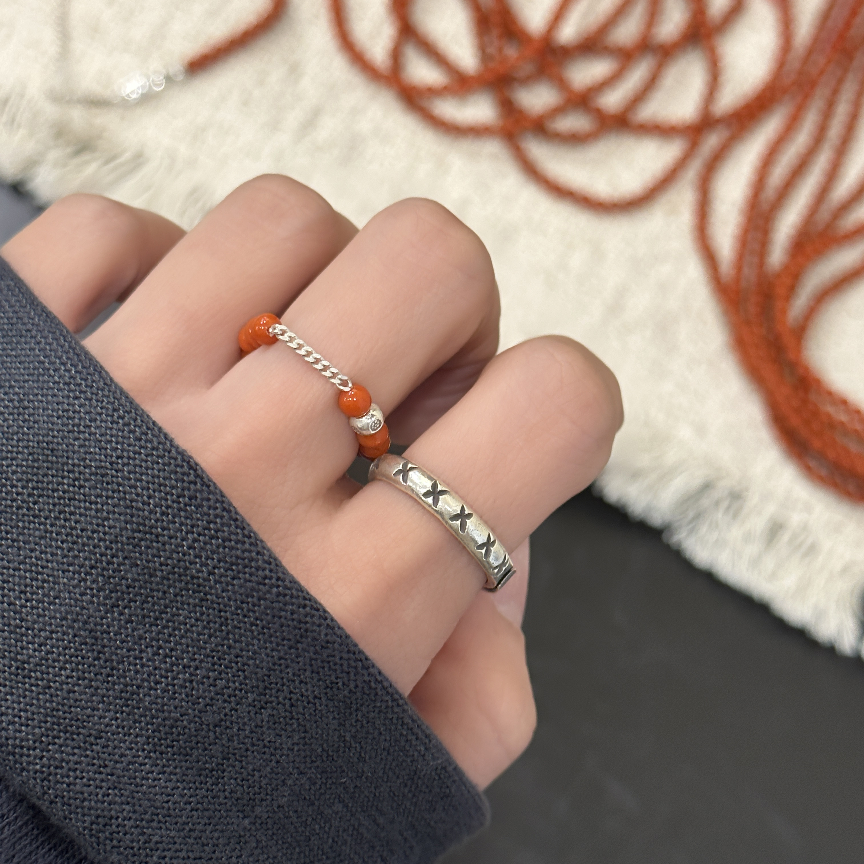 MISSJOJO red bead Cuban chain silver ring