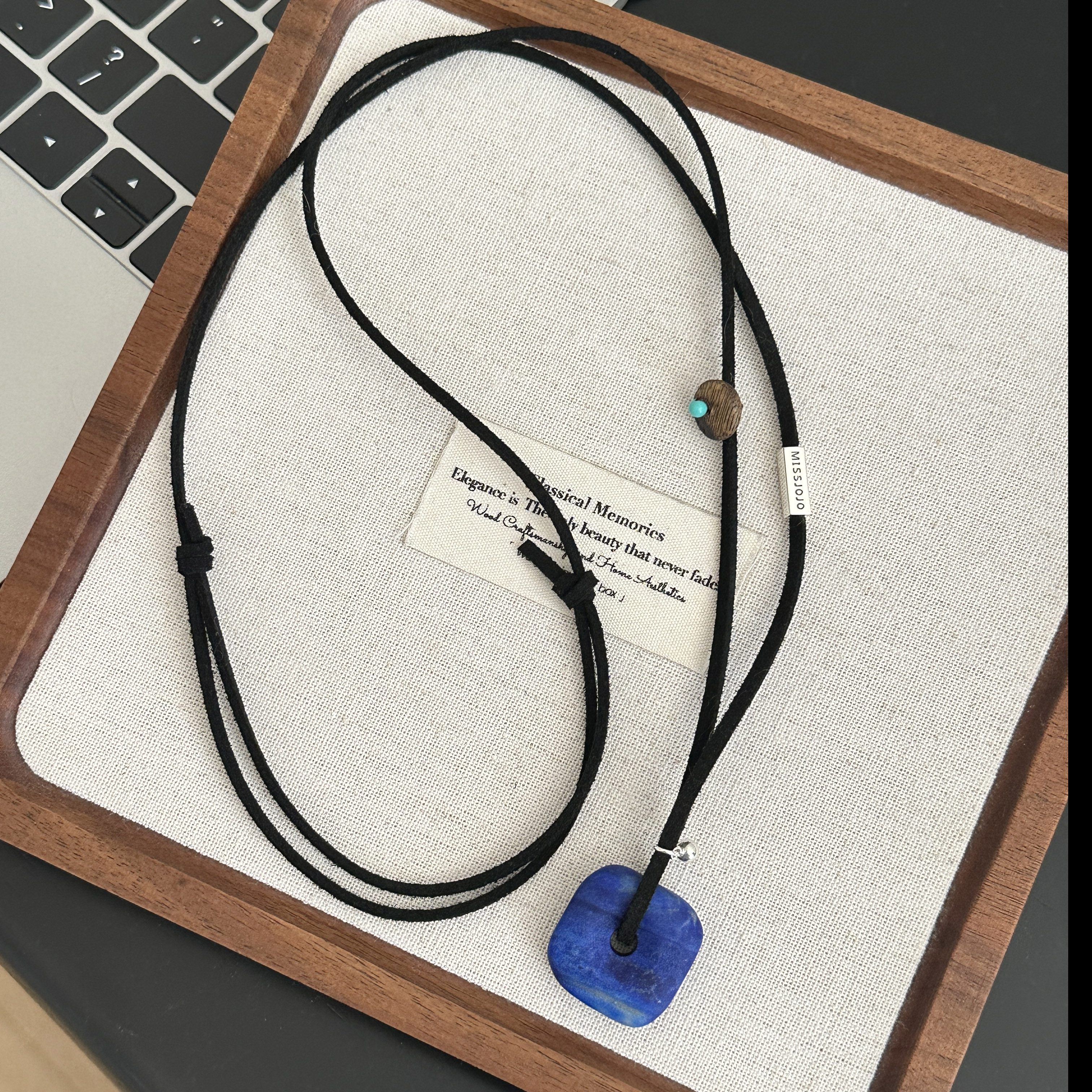 MISS JOJO原创设计时尚简约百搭气质女方形蓝石黑绳银项链 3961,淘宝优惠券,粉丝福利购,淘宝优惠卷