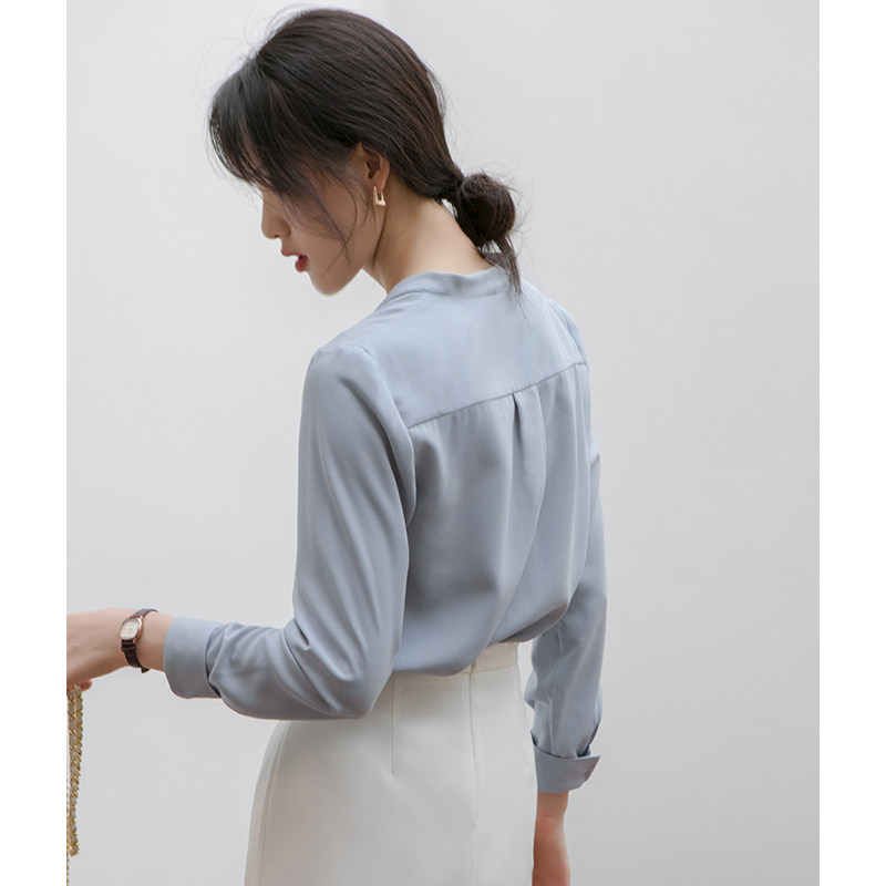 v领雪纺蓝色长袖设计感小众衬衫 原水衬衫