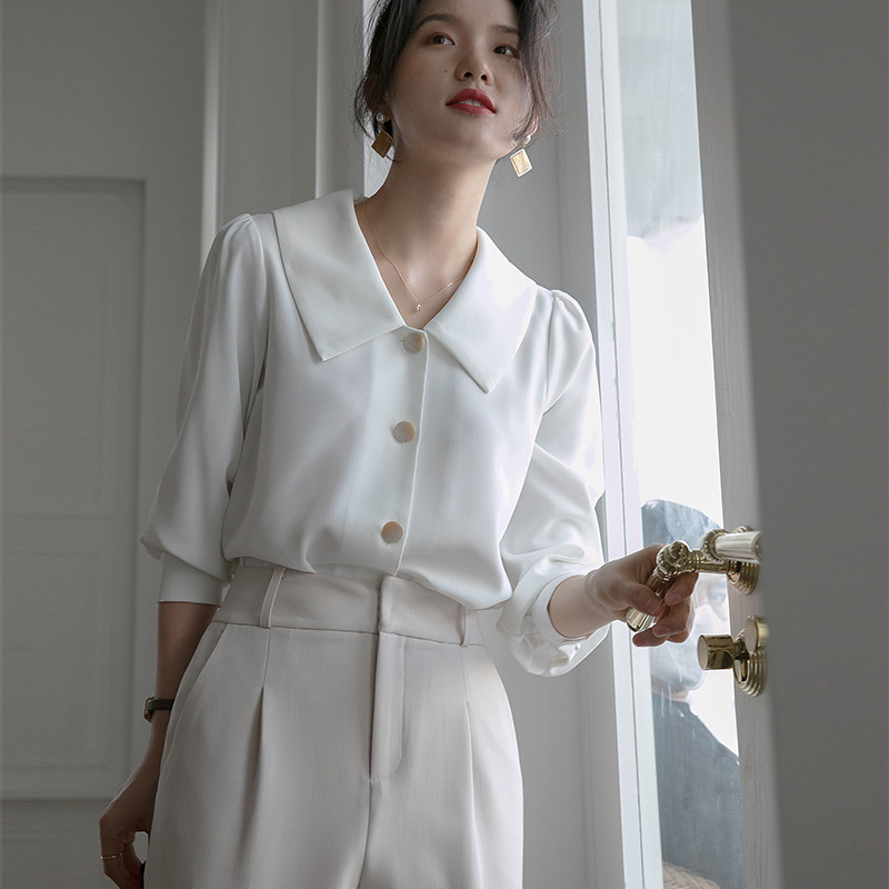 2021年新款娃娃领v领长袖白衬衫 原水衬衫