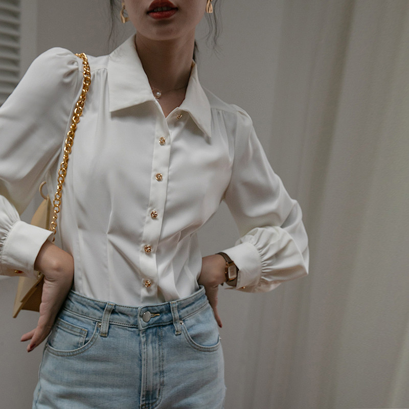 法式泡泡袖红色雪纺女设计感衬衫 原水衬衫