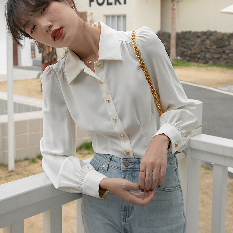 法式泡泡袖红色雪纺女设计感衬衫 原水衬衫