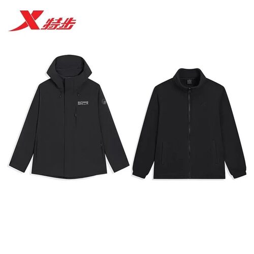 特步冲锋衣外套男2026春季户外风衣连帽黑色运动上衣防风训练服 - 图3