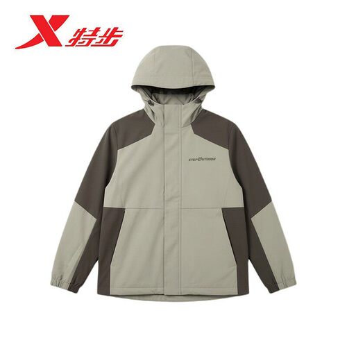 特步冲锋衣外套男2026春季户外风衣连帽黑色运动上衣防风训练服 - 图0