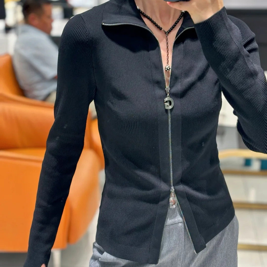 商场同款女装2025早秋新款修身立领双头拉链竖坑条针织开衫短外套