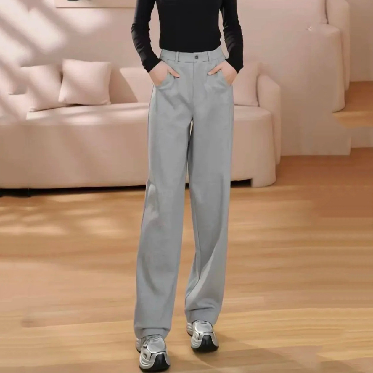 商场同款女装2025秋冬新款加厚直筒裤植绒高腰简约窄版休闲裤女