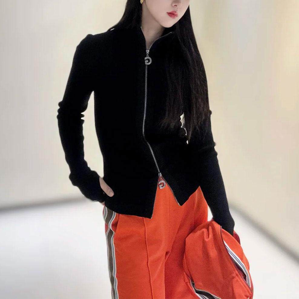 商场同款女装2025早秋新款修身立领双头拉链竖坑条针织开衫短外套