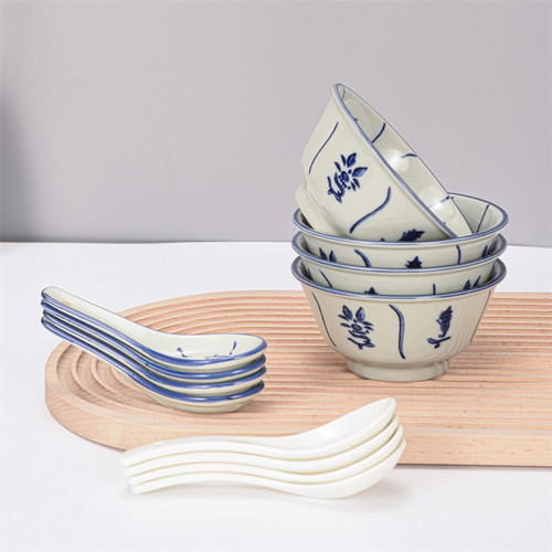 怀旧手绘陶瓷碗米饭碗民国葵斗碗竹花碗汤碗加厚凉茶碗青花碗勺 - 图3