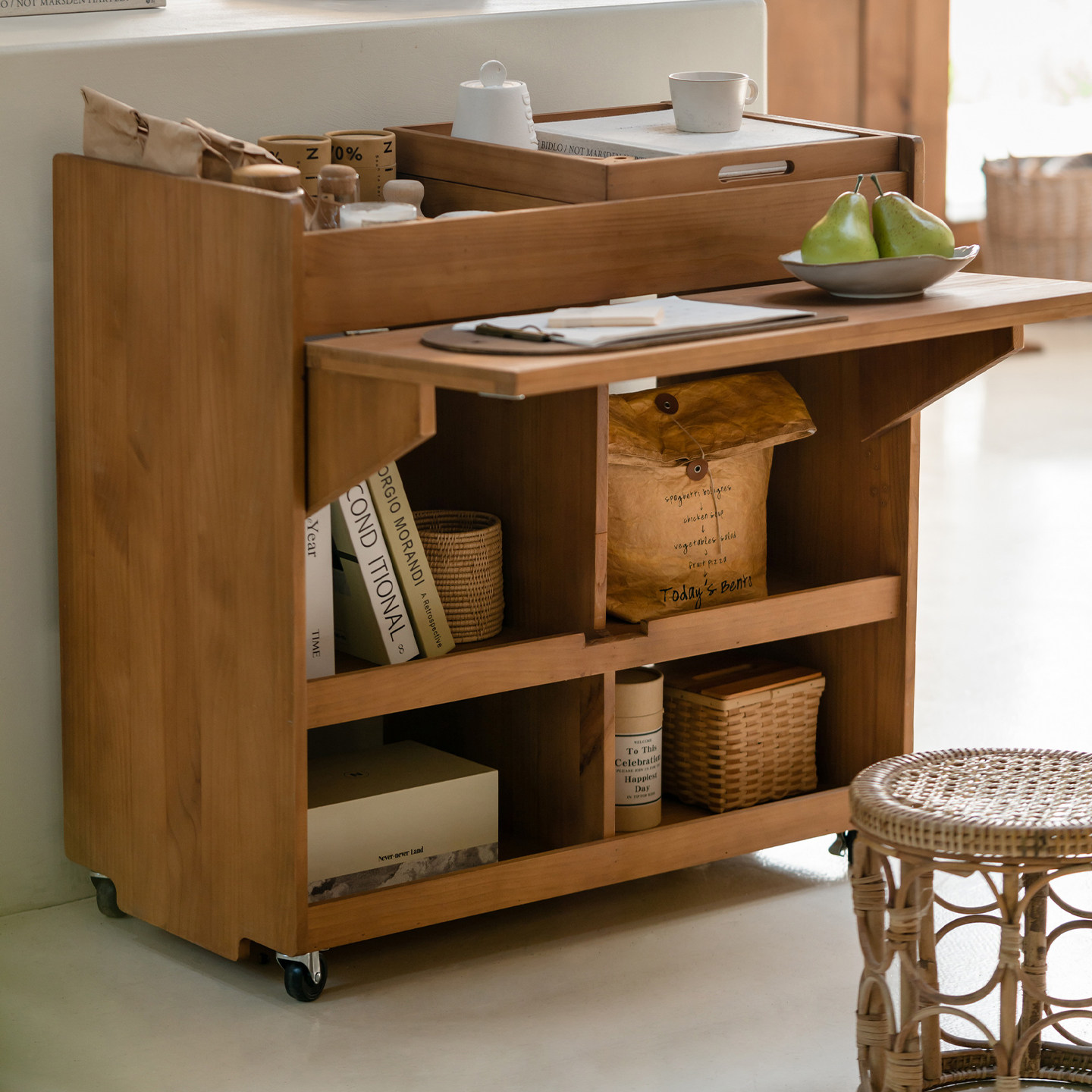onlythis原木风可移动边几多功能实木推车茶几矮桌工作台收纳柜,淘宝优惠券,粉丝福利购,淘宝优惠卷