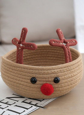 圣诞款驯鹿棉绳编织收纳筐大容量家居衣物收纳篮麋鹿圣诞装饰摆件