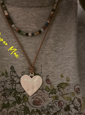 Supermax韩版小众设计款s925纯银磨砂哑光大桃心爱心抽拉叠戴项链