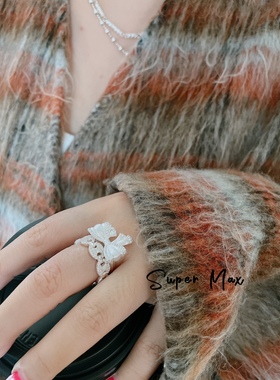 韩版925纯银素银小众设计款立体蝴蝶结叠戴百搭INS风可爱戒指