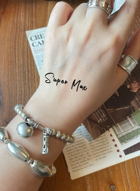 super max原创925纯银中式做旧精工复古银竹节蝴蝶银锁叠戴手链