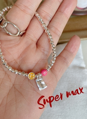 Super max原创小众纯银s925方糖珠圆珠多巴胺色笑脸糖豆牌牌手链