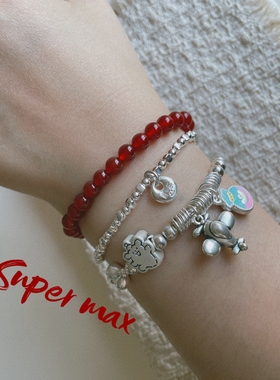 Super max原创小众纯银s925复古做旧足银999线条小狗飞机钱袋手链