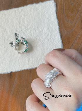 小众设计s925纯银素银雾面拉丝锆石镶嵌重工牛角包叠戴戒指