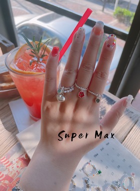 韩版原创小众s925银手作彩虹串珠戒指笑脸甜甜圈字母银珠弹力戒指