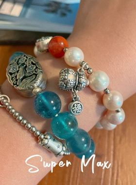 Super max原创小众设计纯银s925足银999淡水珍珠南红葫芦叠戴手链