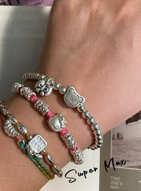 原创小众设计款纯银s925素银钱袋子猫盘缠棉线手工编织叠戴手绳