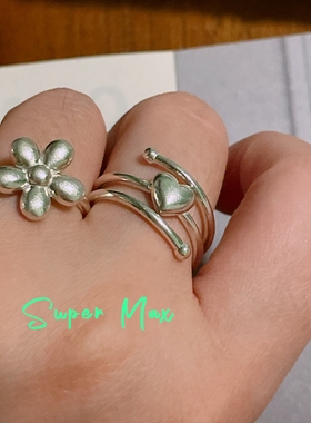 super max 纯银S925小众设计磨砂质感多层弹簧圈爱心叠戴个性戒指