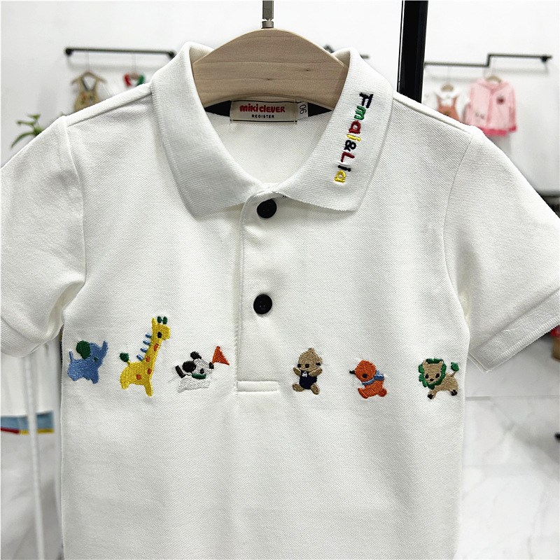 23夏季日系外贸F家男女童装卡通动物园翻领polo短袖套头薄棉T恤衫