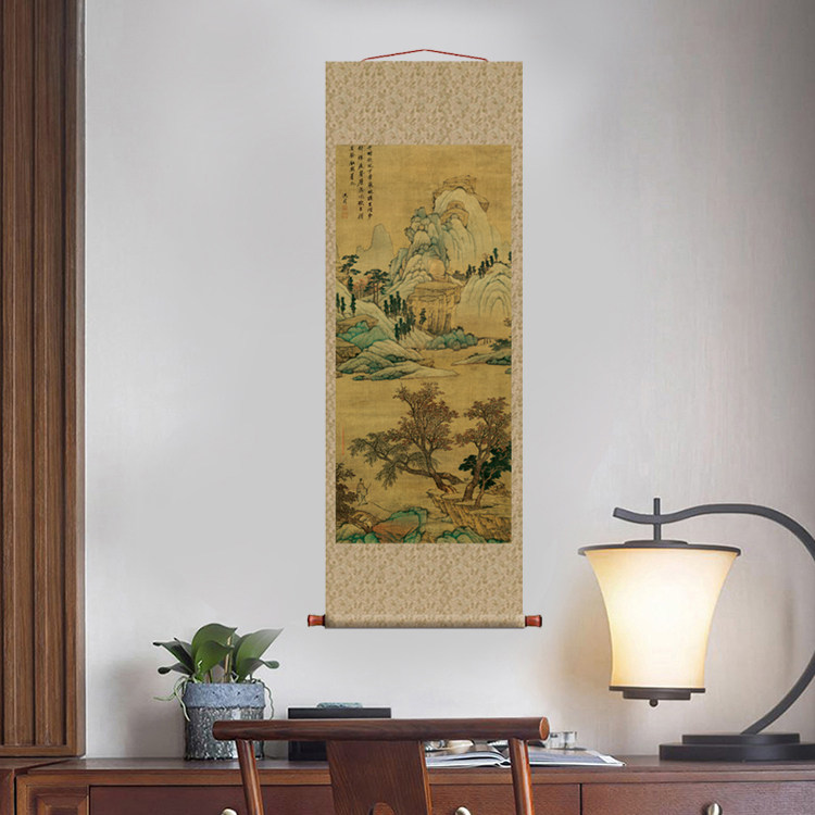 明沈周青绿山水轴挂轴条幅卷轴山水画名画真迹复制品玄关书房挂画