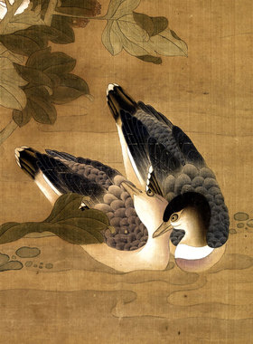 元芙蓉花鸭卷轴花鸟画茶楼挂画