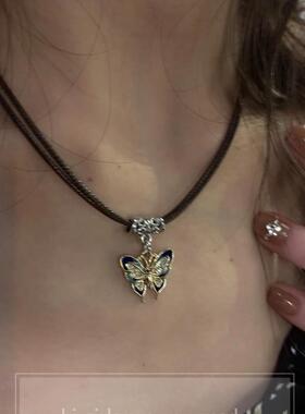 自制 y2k复古蝴蝶吊坠项链皮绳子项圈卫衣项链潮酷百搭项链短款