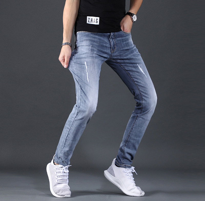 夏季潮牌修身小脚浅蓝色潮流牛仔裤 范莉泰服饰牛仔裤