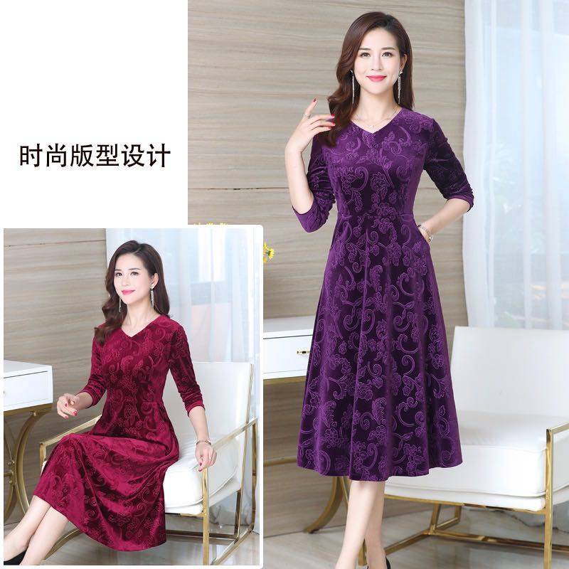 中老年女装金丝绒长袖春秋打底裙子 浅织中老年女装