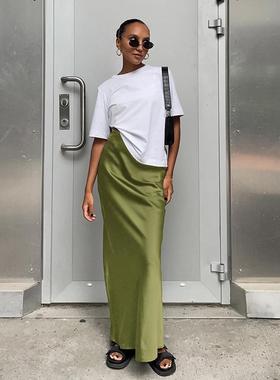 2025春季women's clothing 仿醋酸色丁黑色half skirt 女French