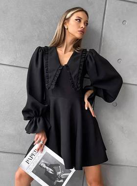 fashion 黑色娃娃领dress 2025春季new 喇叭袖收腰A字裙women's c