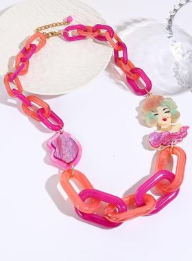 personality exaggeration 长款necklace 女retro 拼色acrylic 美