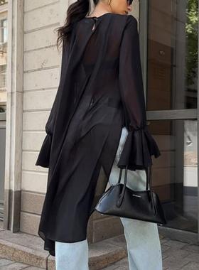 风雪纺shirt women's clothing 黑色网纱不规则小众设计感round n