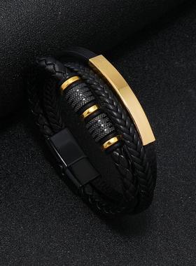 新款创意编织皮革皮绳皮手链个性时尚钛钢配饰手环磁吸扣