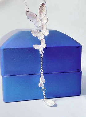 足银990 渐变大小蝴蝶项链女气质流苏长款立体蝴蝶锁骨链锁骨链