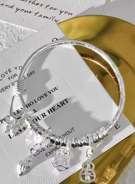 银手镯女9999 纯银醒狮蝴蝶海螺新中式国风生日礼物盘缠足银镯子