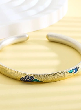 6853号足银9999描金珐琅祥云手镯新中式千里江山手镯送女友礼物