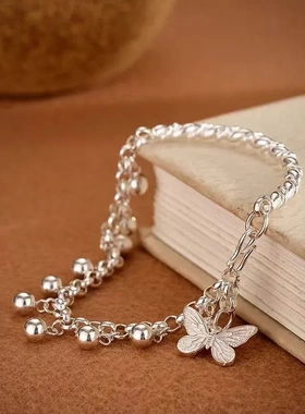 99足银手镯手链女款小圆球蝴蝶原创手工纯银手链子直播爆款