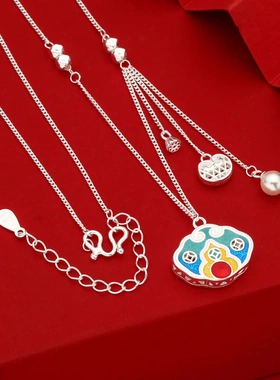 足银990珐琅锁包珍珠项链搭高级感新中式国风珐琅送闺蜜生日