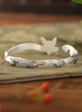 复古珐琅灵狐手镯女足银9999新中式古风实心镯开口银镯子纯银年轻