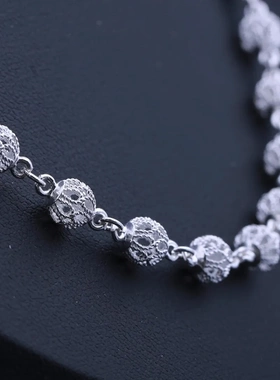 99足银手工绣花球项链镂空珠子项链男女款无吊坠素链银饰直播爆款