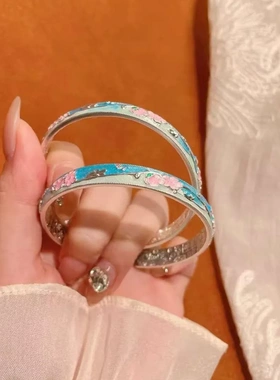 7238号足银999.9珐琅梅花天蓝色开口手镯新中式国风气质复古礼物