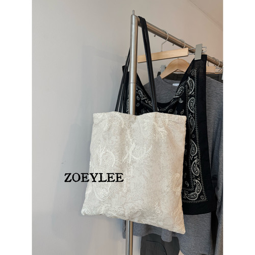 ZOEYLEE 春夏法式复古蕾丝刺绣布袋配牛皮手提袋购物袋单肩包女包 - 图0