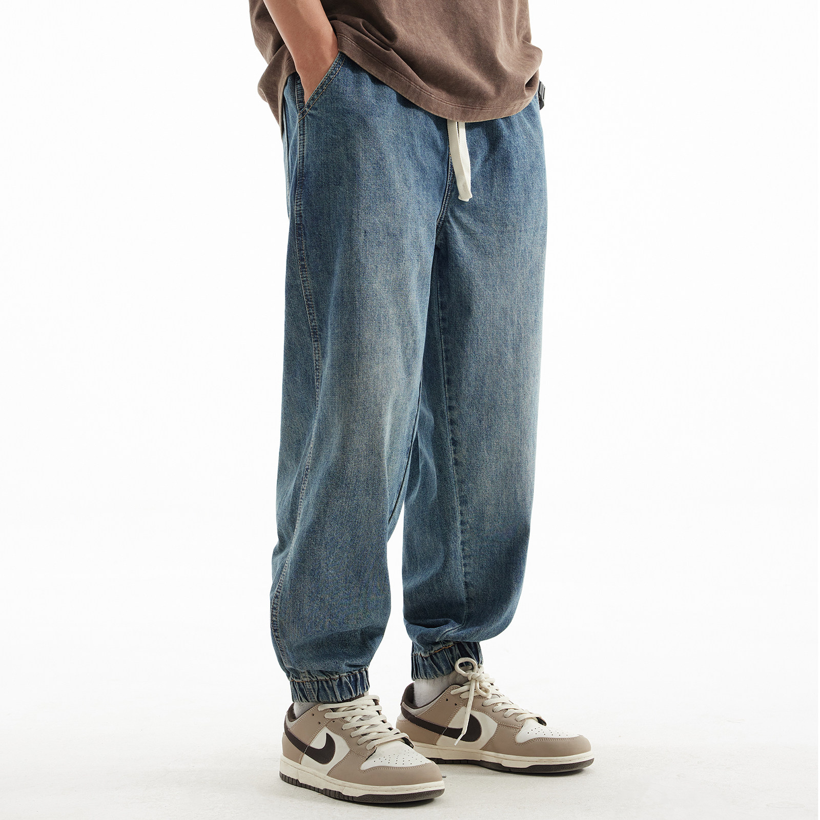 秋季新款水洗牛仔裤男宽松大码休闲长裤加肥加大松紧腰束脚哈伦裤,淘宝优惠券,粉丝福利购,淘宝优惠卷