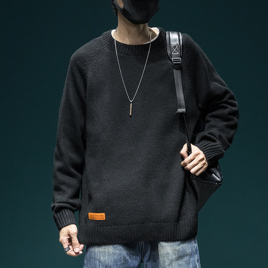 慵懒圆领毛衣男士冬季宽松大码针织衫潮牌保暖内搭新款加厚毛线衣